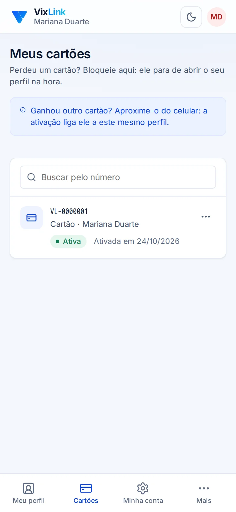 Tela: Meus cartões